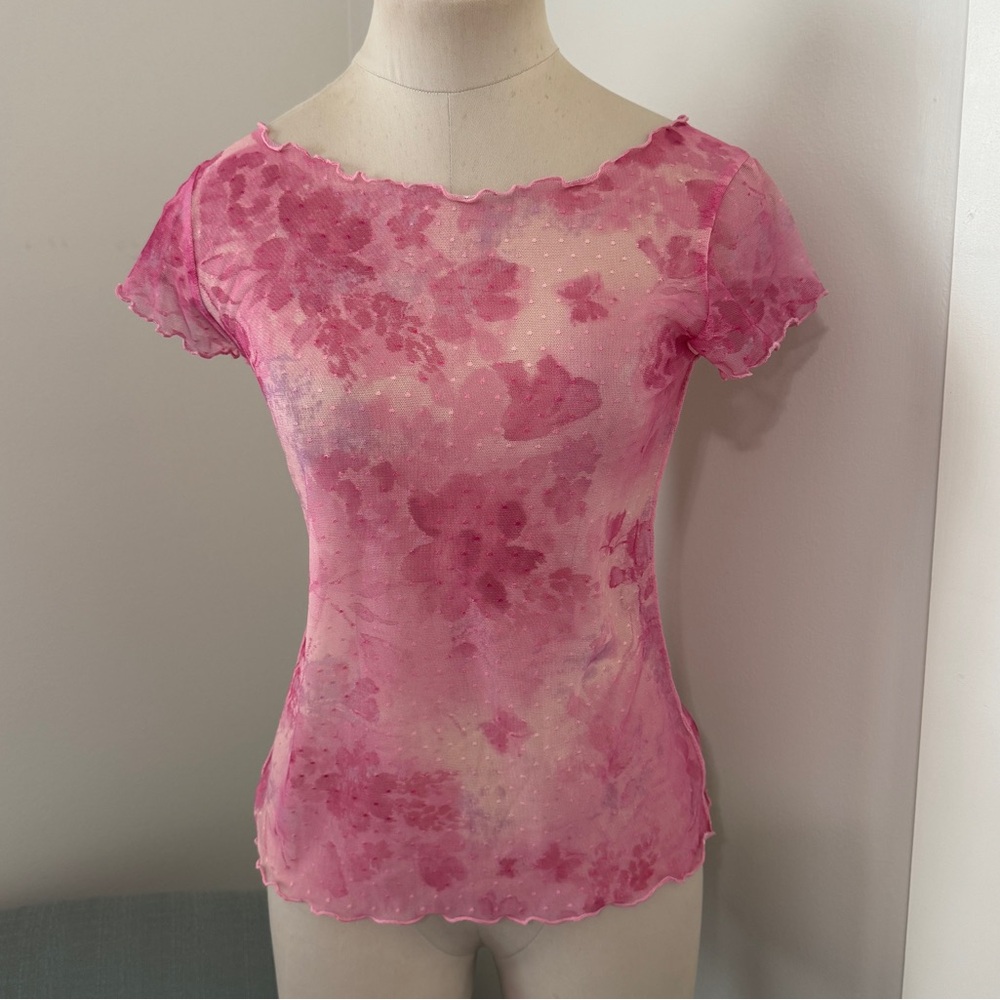 Free People Intimately Medium Pink Print On the Dot Floral Mesh Top ~ Y2K 90’s - Picture 3 of 8